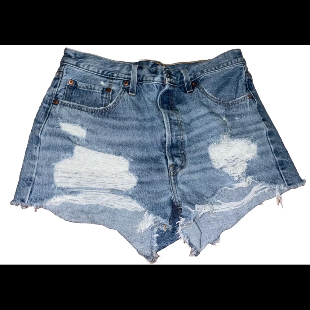 Levi's 501 Jean Shorts Distressed Womens W33 Raw Hem, Button Fly Festival Denim